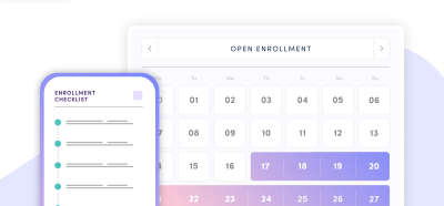 A calendar with the words open enrollment as a title to the right, with a mobile phone showing an enrollment checklist.