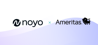 The Noyo and Ameritas logos in black on a background with the Noyo poppy and purple waves.