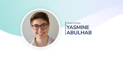 Headshot for Yasmine Abulhab, Senior Product Designer at Noyo, in a circle with the Noyo wave in the background.