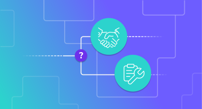 A decision tree with two icons, one a handshake representing partner or buy, and the other a clipboard with a wrench representing build.