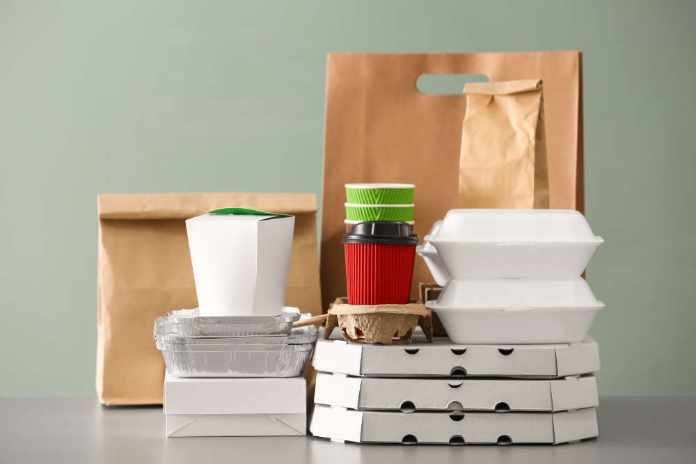 A display of different types of food packaging including pizza boxes, take away containers, aluminum trays, paper cups and paper bags on a counter table. 