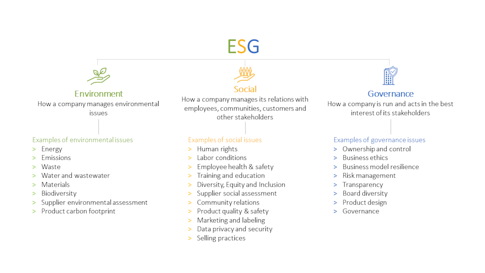 ESG diagram showcasing different examples of environmental, social and governances issues