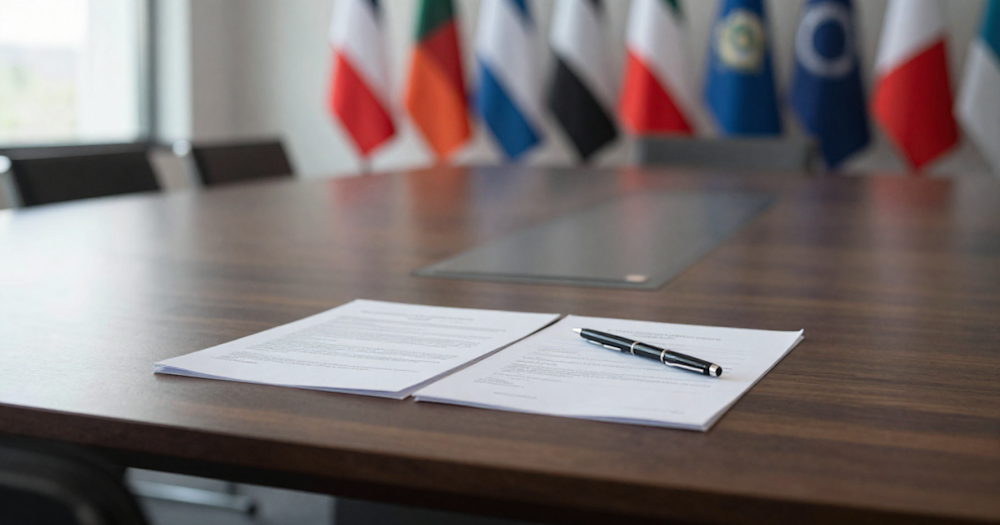 An open document on a table, with multiple flags on the back wall - representing 50 Years of OECD Responsible Business Conduct and 15 Years of the UN Guiding Principles.