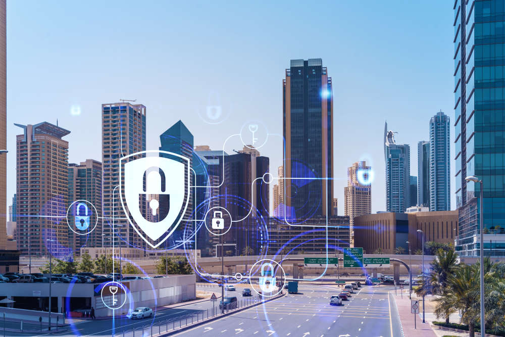 Buildings and lock icons – cybersecurity compliance