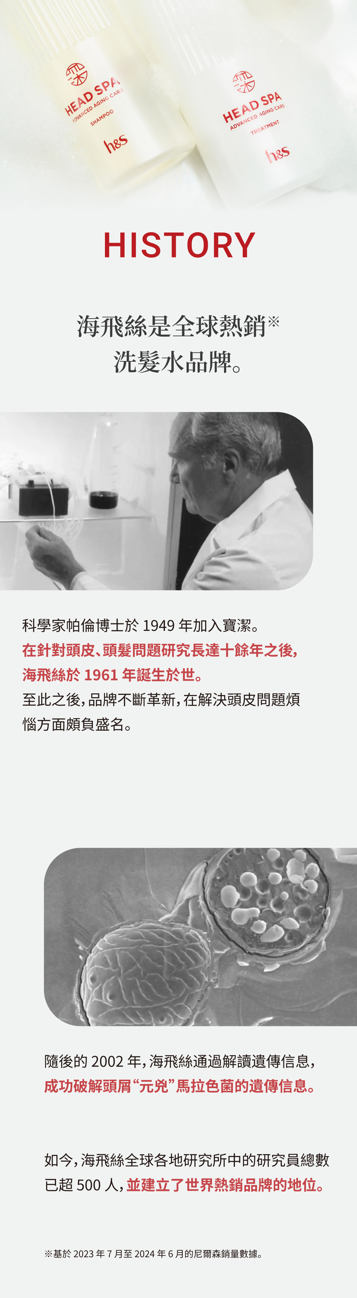 h&s是全球銷量第一的洗髮品牌。包含品牌60年歷史及研究成果的說明文字，研究者凝視試驗器具的畫面及馬拉色菌的顯微鏡圖像