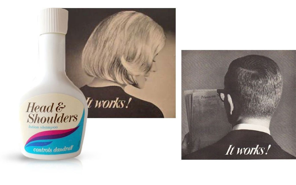 最初のヘッド＆ショルダーズシャンプーのパッケージと広告に使われたきれいな女性と男性の頭