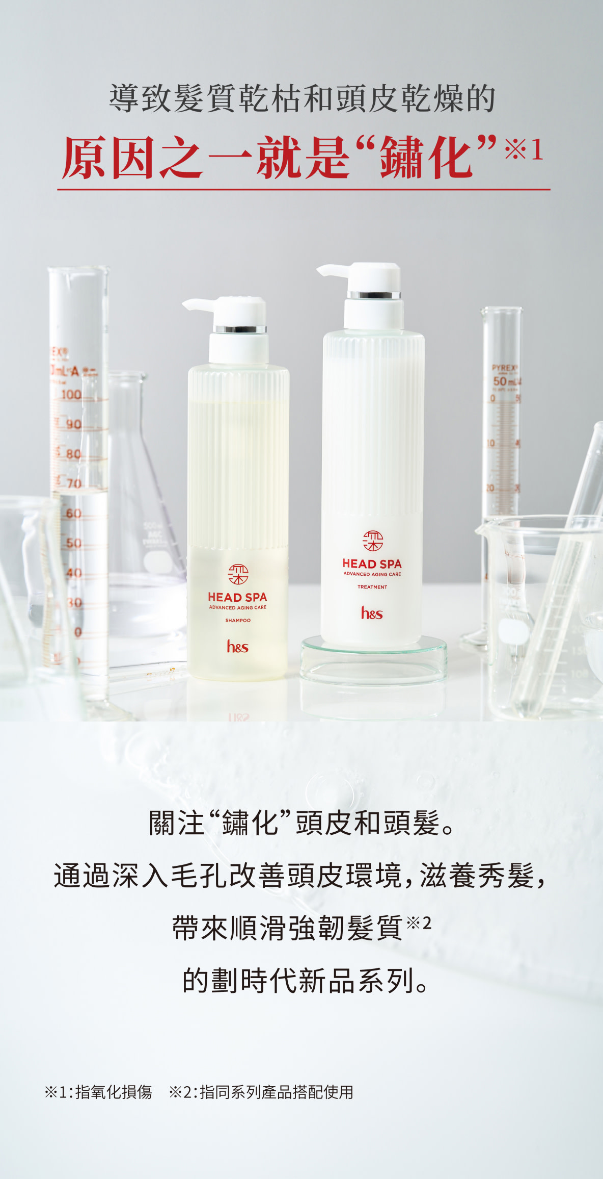 與營造科學氛圍的量杯等一起排列的頭皮SPA高級抗老化護理洗髮精與護髮素瓶