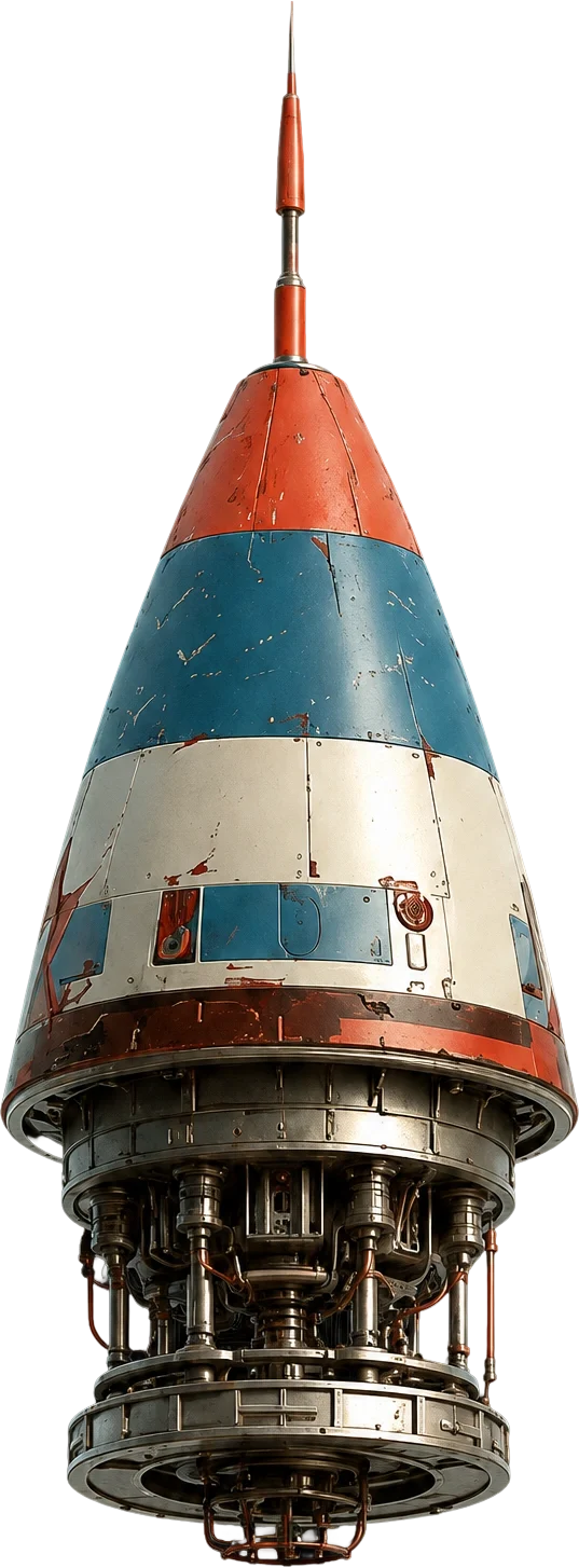 Vintage space rocket with weathered orange, blue, and white striped panels and exposed mechanical base on white background.