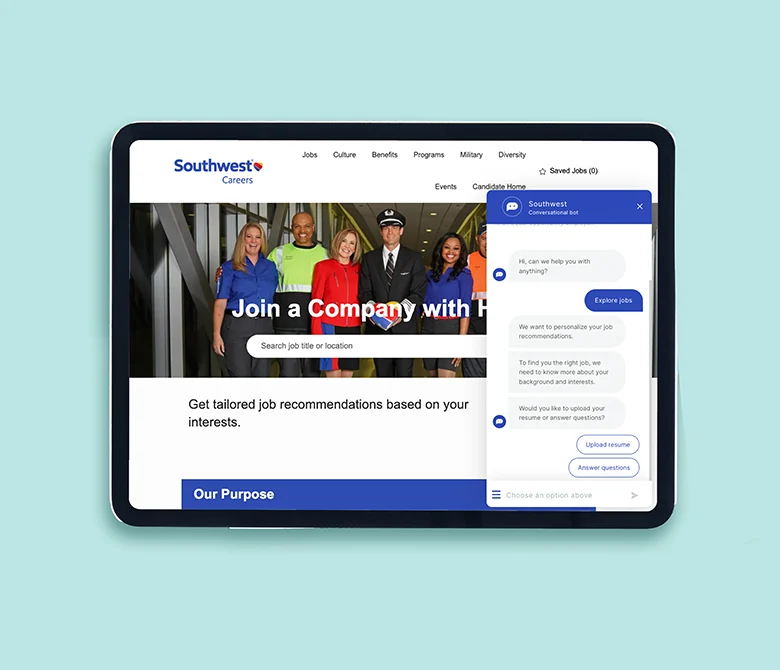 Tablet with Southwest Career Site, showing Phenom chatbot functionality.