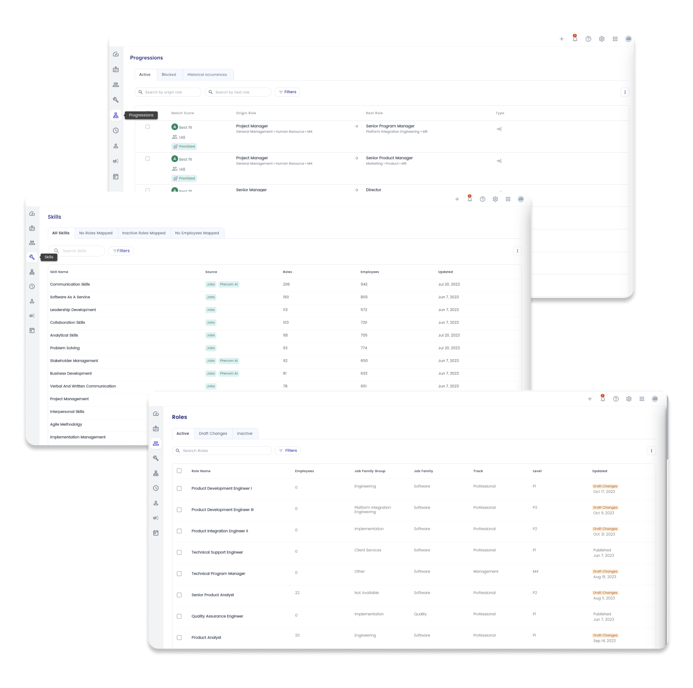 Phenom Talent Management view showing skills inventory, role architecture, and progressions.