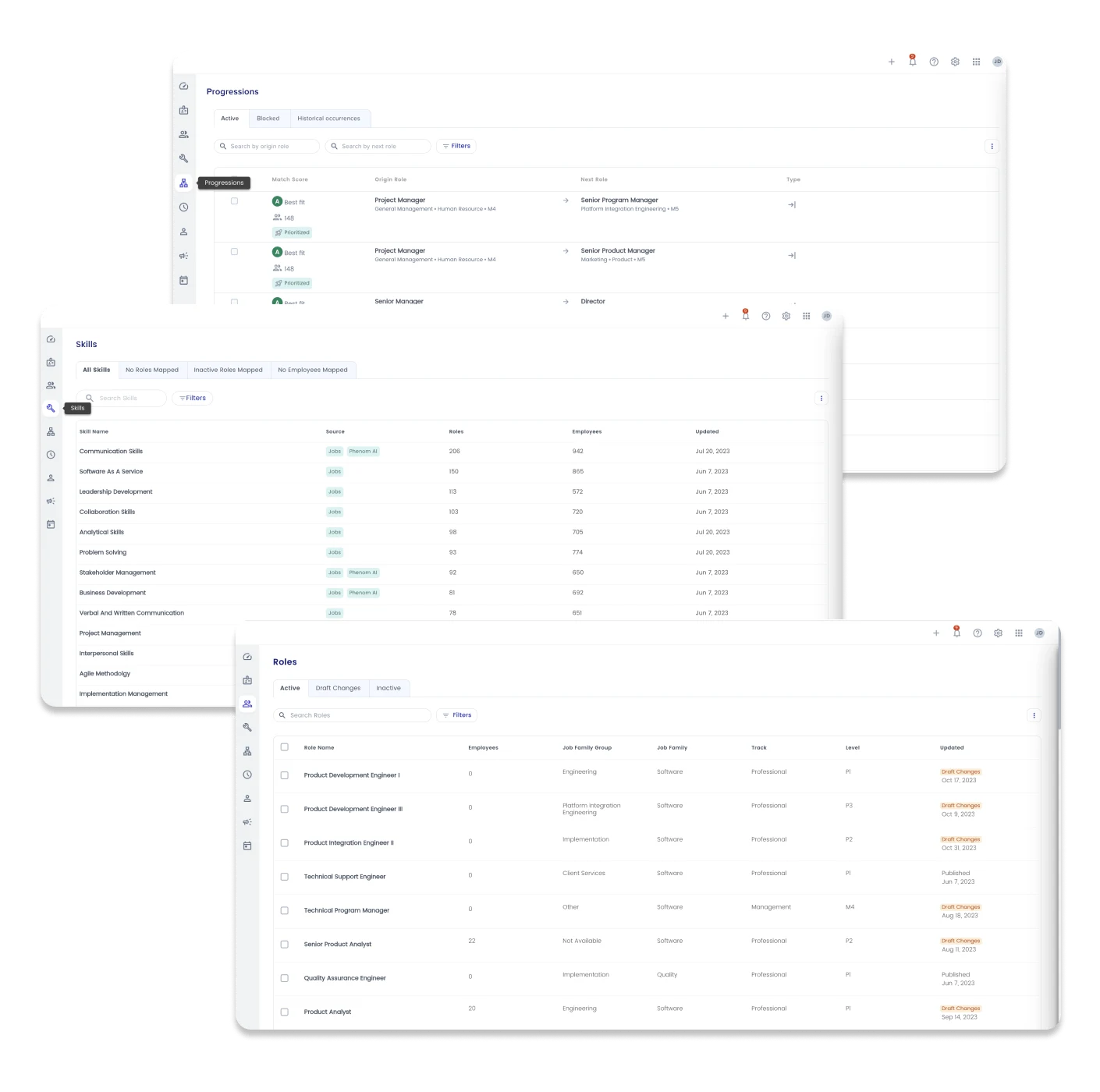 Phenom Talent Management view showing skills inventory, role architecture, and progressions.