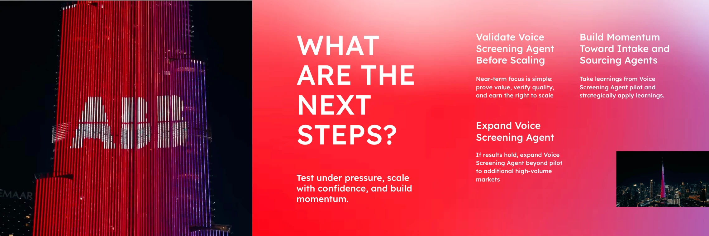 Next steps roadmap slide from ABB session at IAMPHENOM 2026 — Voice Agent validation, expansion, Intake and Sourcing Agent phases