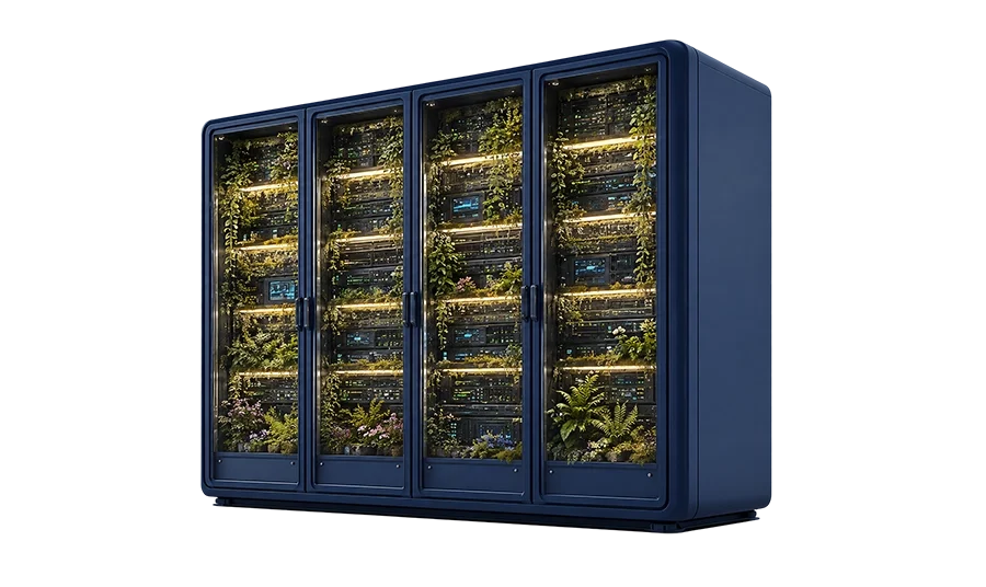 Dark blue server rack with glass doors revealing server equipment, yellow lighting, and green plants growing inside.