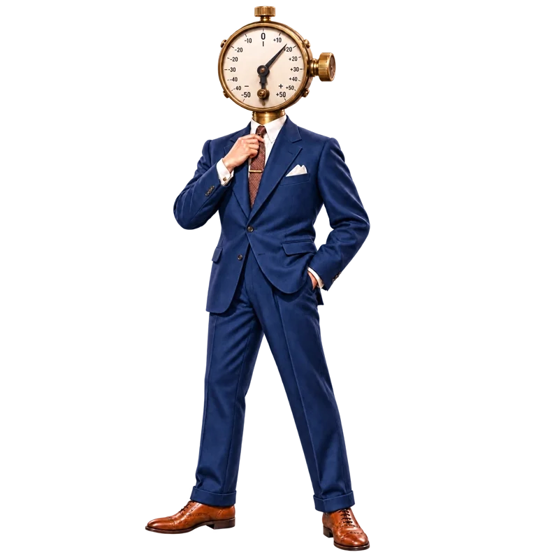 Businessman in blue suit with vintage calibration dial in place of head, representing time management and deadlines.
