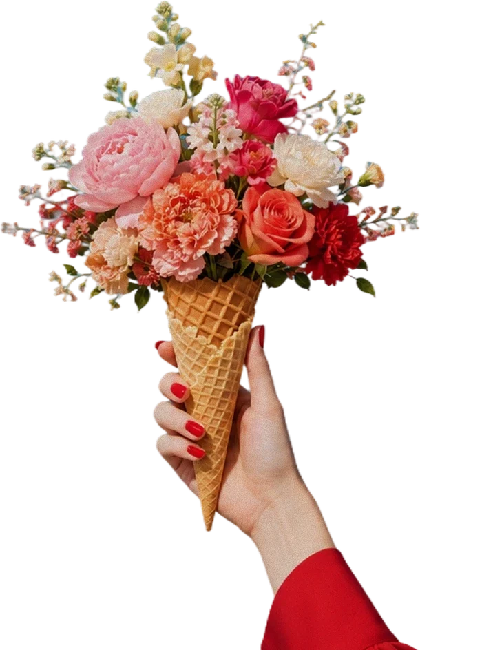 Hand with red nail polish holding waffle cone filled with colorful flowers including pink peonies, coral roses, and dahlias.