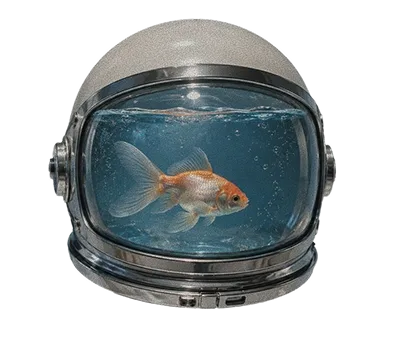 Goldfish swimming inside a water-filled astronaut helmet against a white background
