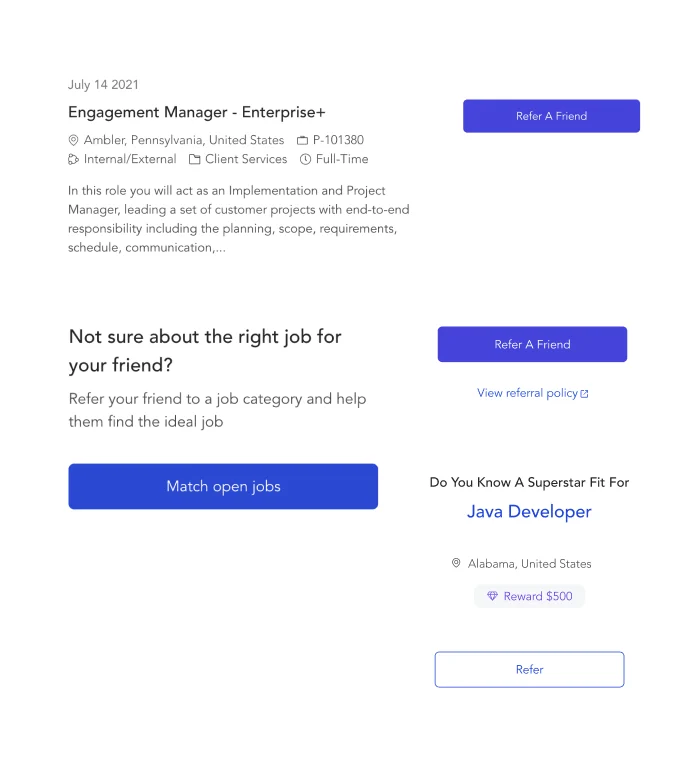 Phenom Referrals view showing employees sharing open job opportunities to their networks via career site links and social media.