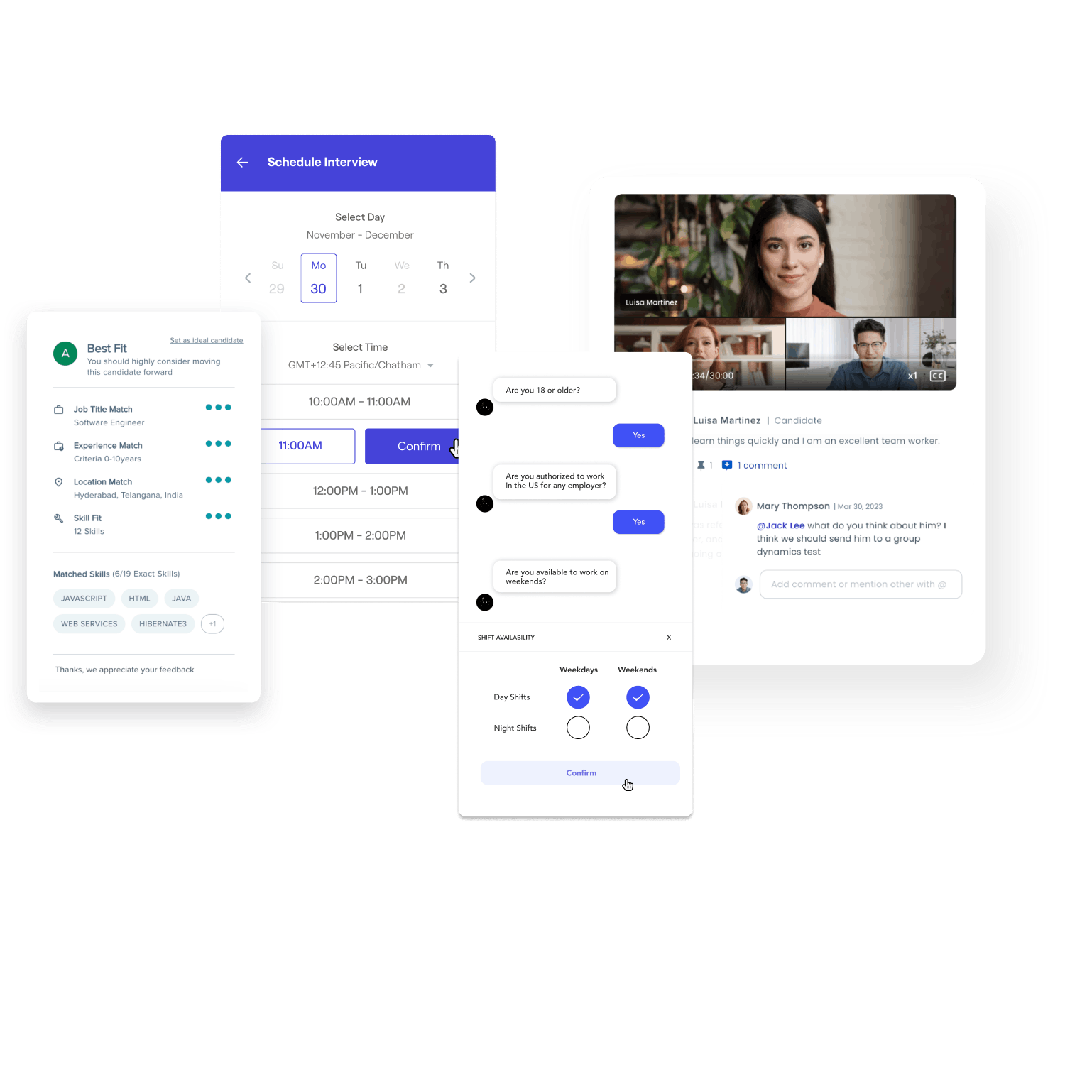 Phenom Hiring Intelligence views showing candidate fit scoring, interview scheduling, chatbot screening, and video interviews.