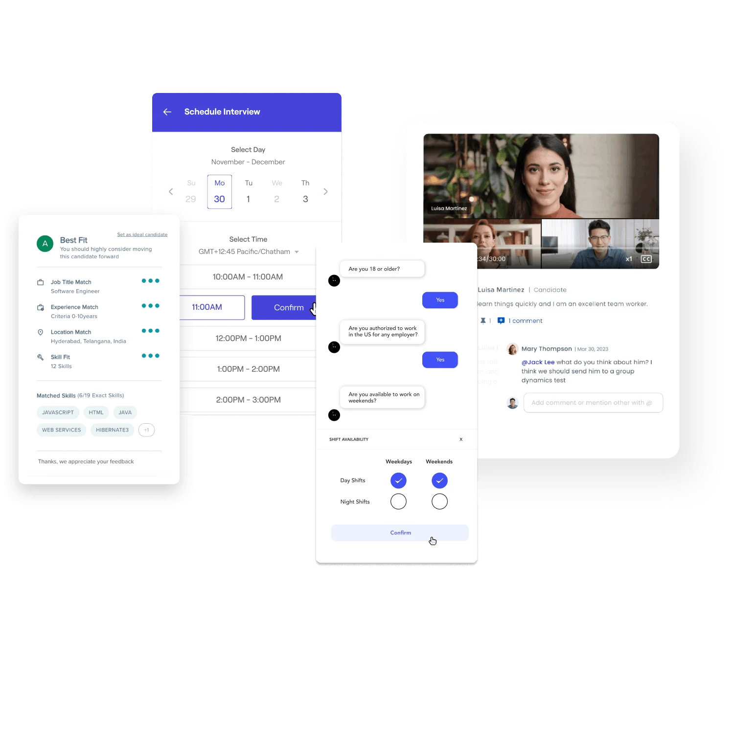 Phenom Hiring Intelligence views showing candidate fit scoring, interview scheduling, chatbot screening, and video interviews.