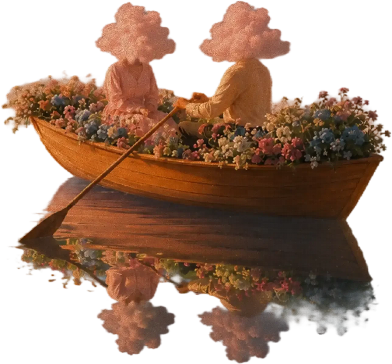 Two figures with cloud-like heads rowing a wooden boat filled with colorful flowers, reflected in calm water below.