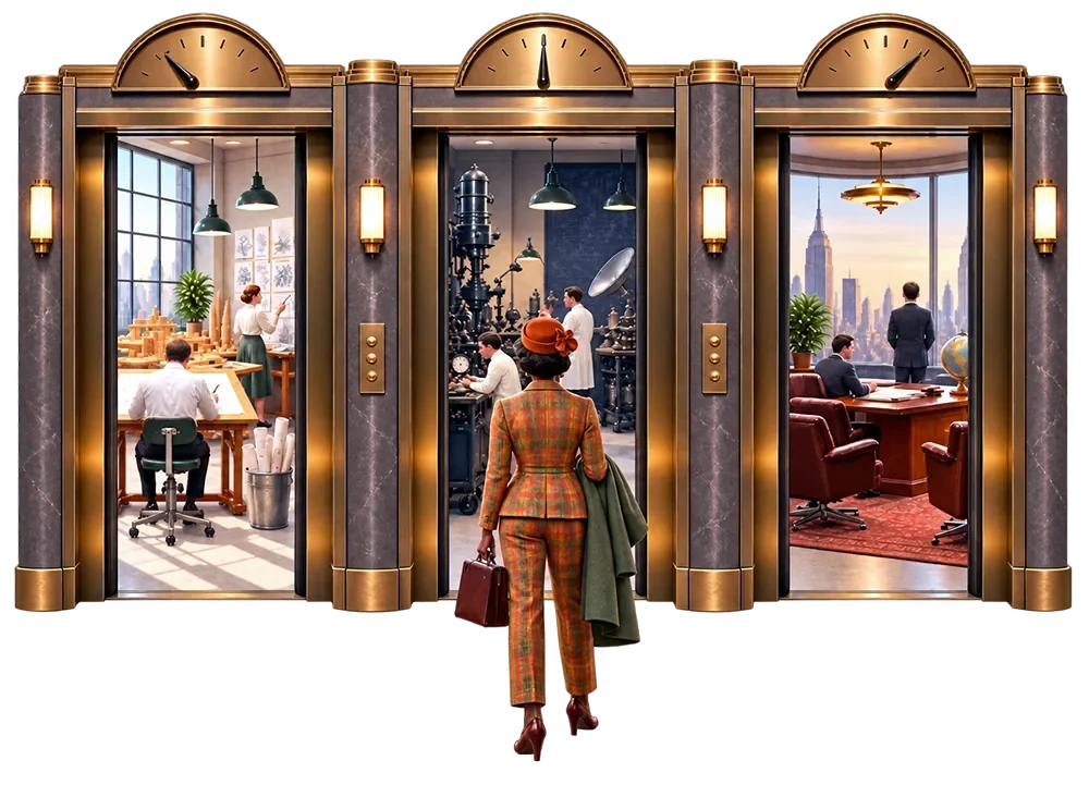 Man in suit facing three ornate elevator doors showing different office scenes from past, present, and future eras.