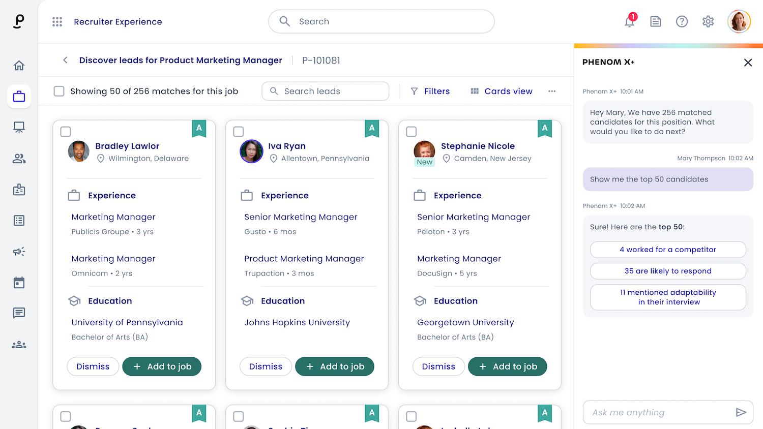 Phenom X+ generative AI assistant surfacing top candidate matches and insights for a recruiter.