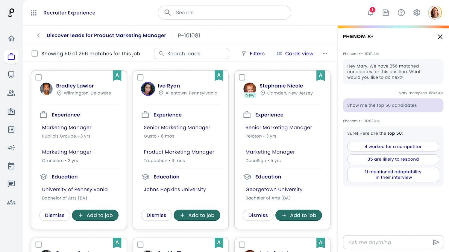 Phenom X+ generative AI assistant surfacing top candidate matches and insights for a recruiter.