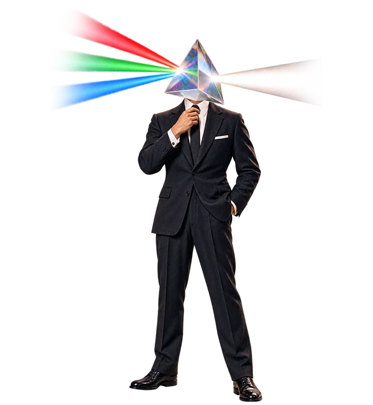 Businessman in black suit holding glass prism in front of face, refracting white light into rainbow spectrum colors.