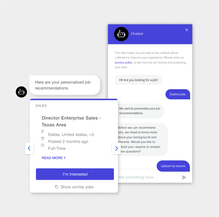 Screengrab of conversational chatbot messaging powered by Phenom AI 