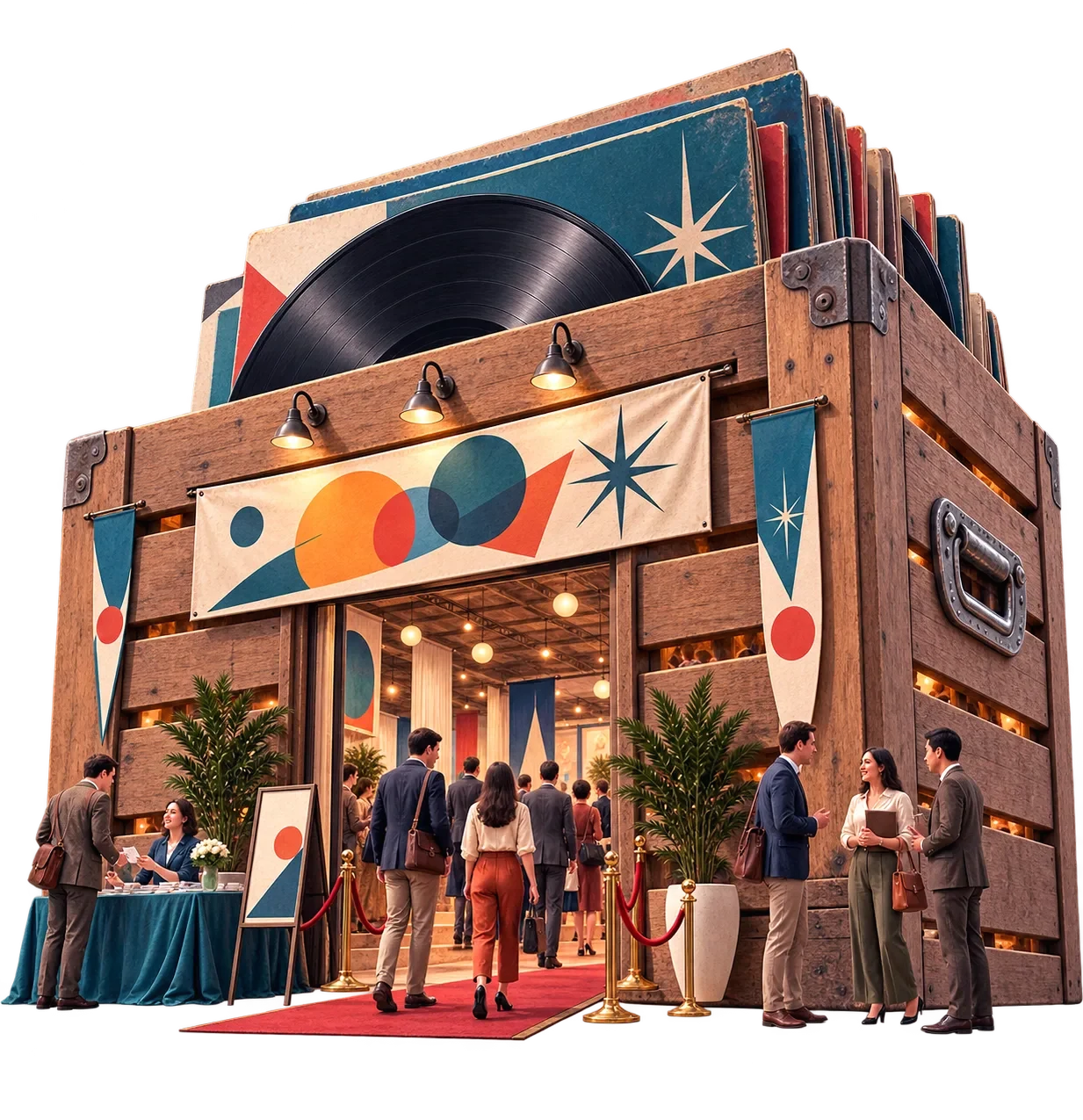 A surreal image of a record crate that also is used as a recruitment event venue.