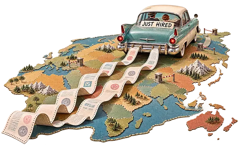 A 1950's car with a just hired sign and paper trails of compliance tied to the bumper drives over a tiny map depicting many jurisdictions.