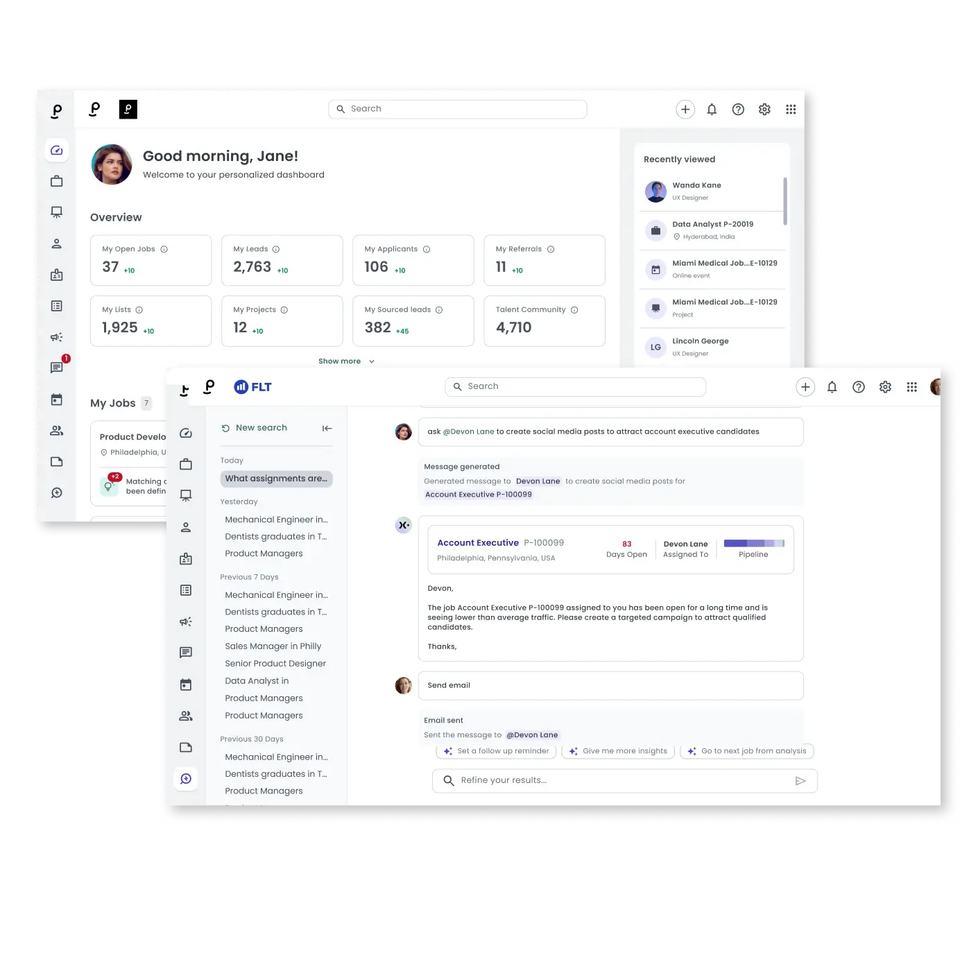 Phenom Talent CRM Dashboard showing data-driven team performance insights, AI-generated coaching, and productivity metrics for talent leaders.