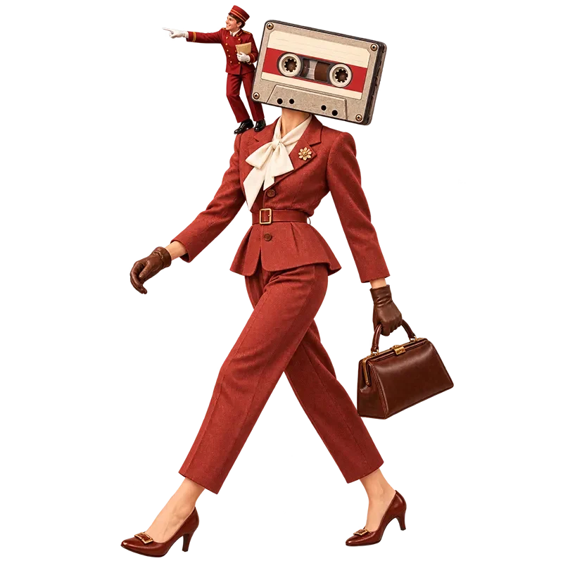 Woman in red suit with cassette tape head carrying brown handbag, small bellhop figure on top pointing forward