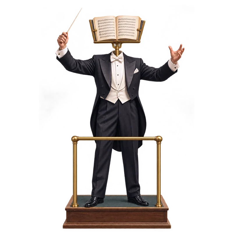 Orchestra conductor in black tuxedo with baton raised, sheet music replacing head, standing on wooden podium.