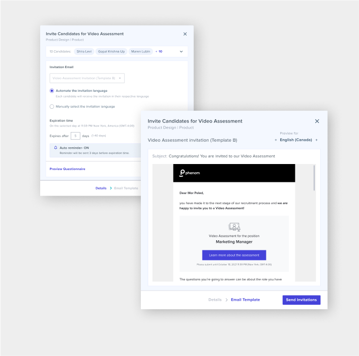 Phenom Video Assessment view showing bulk candidate invitations with multi-language email templates.