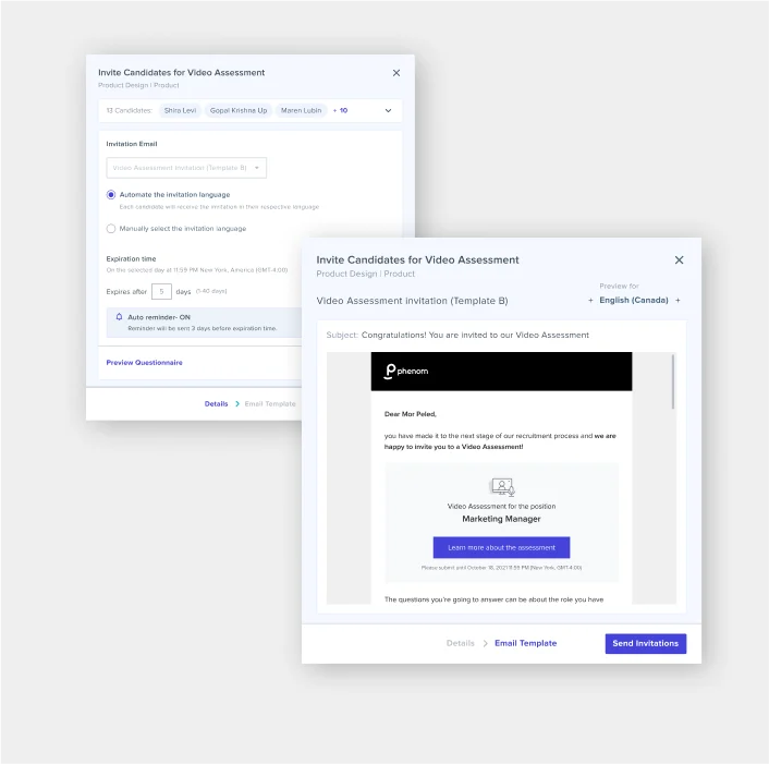 Phenom Video Assessment view showing bulk candidate invitations with multi-language email templates.