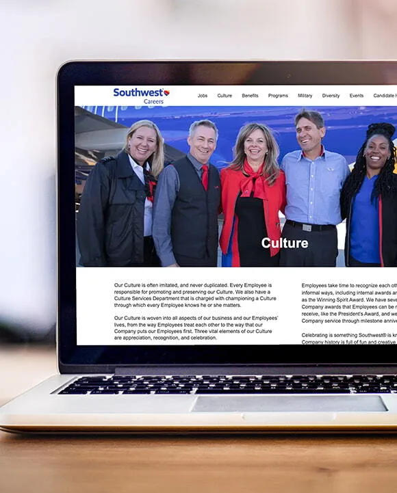Open laptop showing Southwest Airlines career site built on Phenom, used by the talent marketing team to showcase employer brand and personalize candidate journeys.