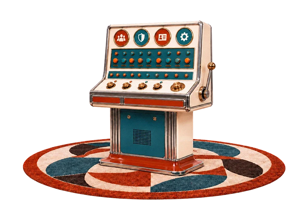 Retro-style control panel with orange and teal buttons, icons, and dials on a circular patterned rug.