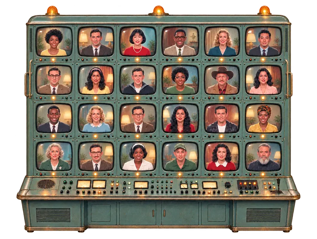 Vintage teal control panel with 24 small TV screens displaying diverse people in professional attire with warm lighting.