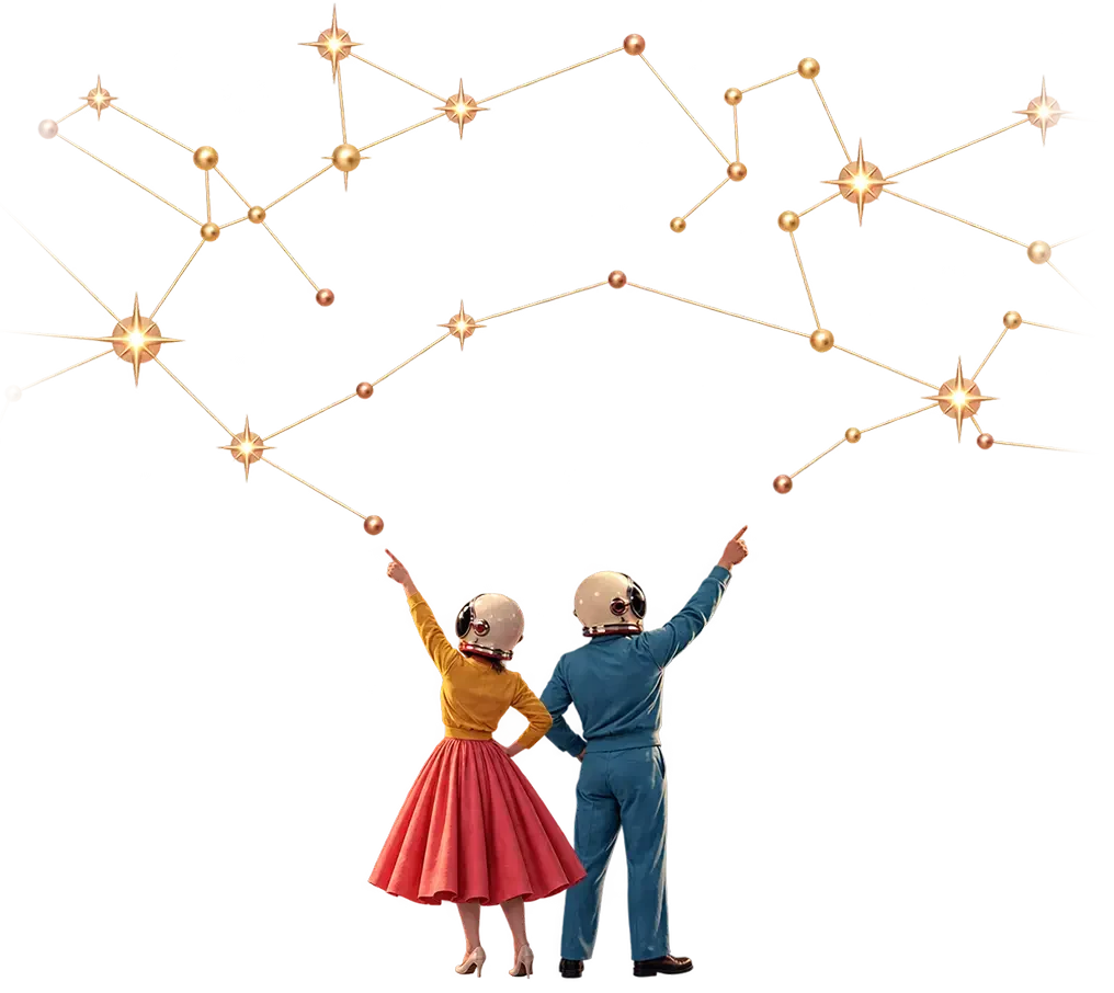 Two retro-styled figures in vintage clothing point upward at a golden constellation network with stars and spheres.