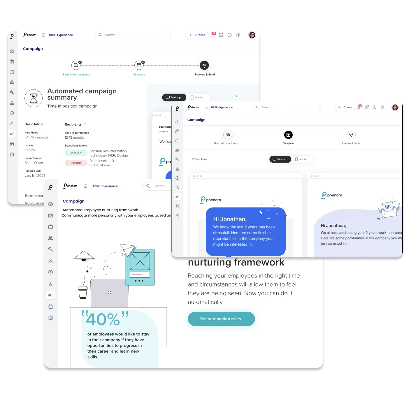 Phenom HR Experience views showing automated employee nurturing campaigns with email templates and audience targeting.