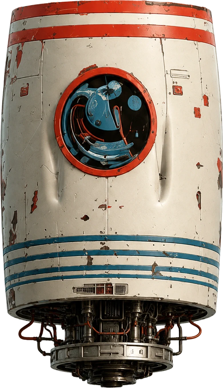 Vintage white space capsule module with red and blue stripes, circular porthole window, and weathered paint showing age.