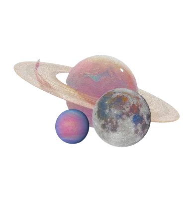 Artistic rendering of celestial bodies including a ringed planet, moon, and smaller sphere with iridescent pastel colors.