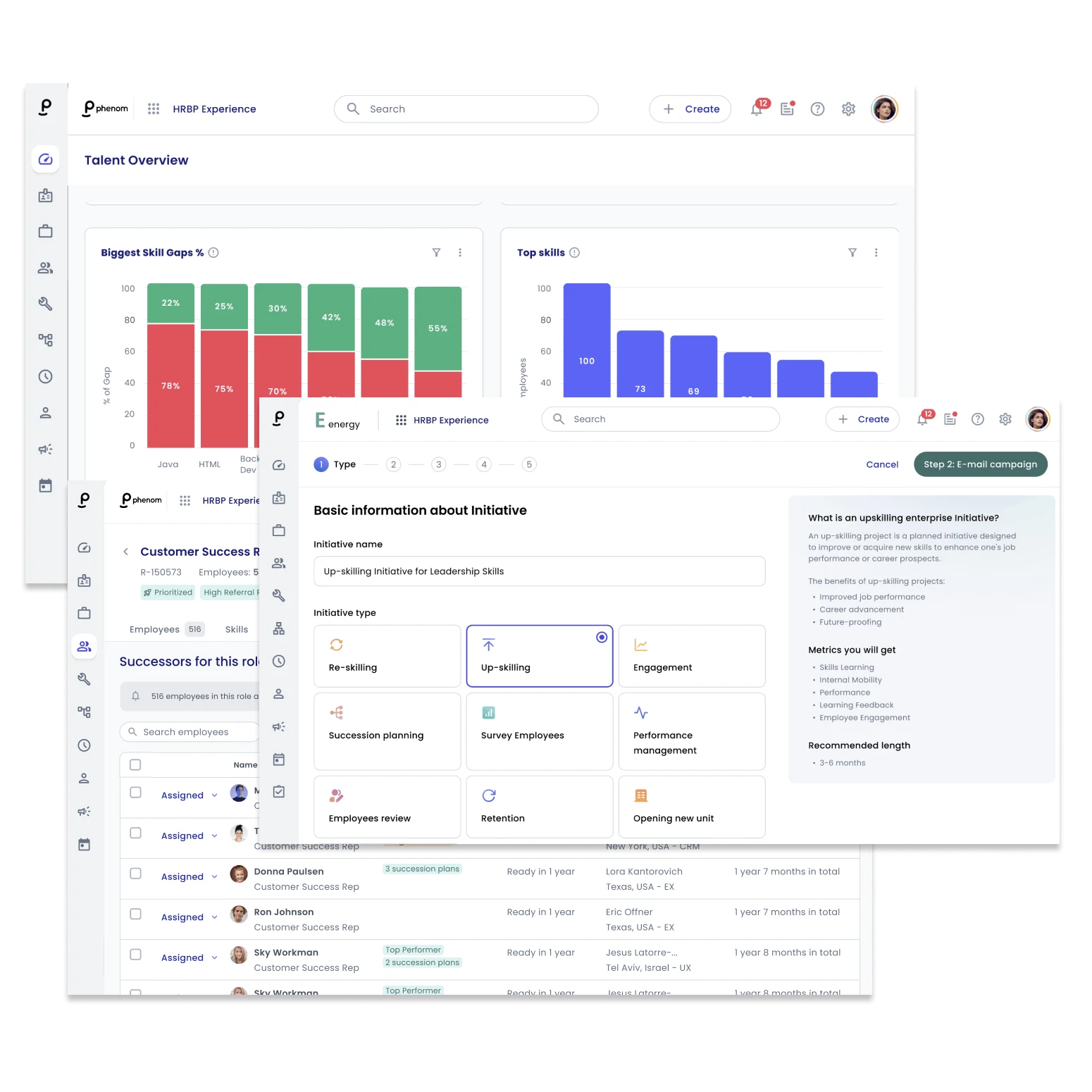 Phenom Workforce Intelligence HR view showing skills gap identification, development planning, and succession designation.