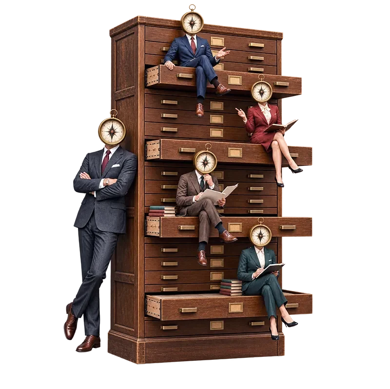 Business professionals with compass heads sitting on wooden filing cabinet drawers, representing organizational hierarchy.