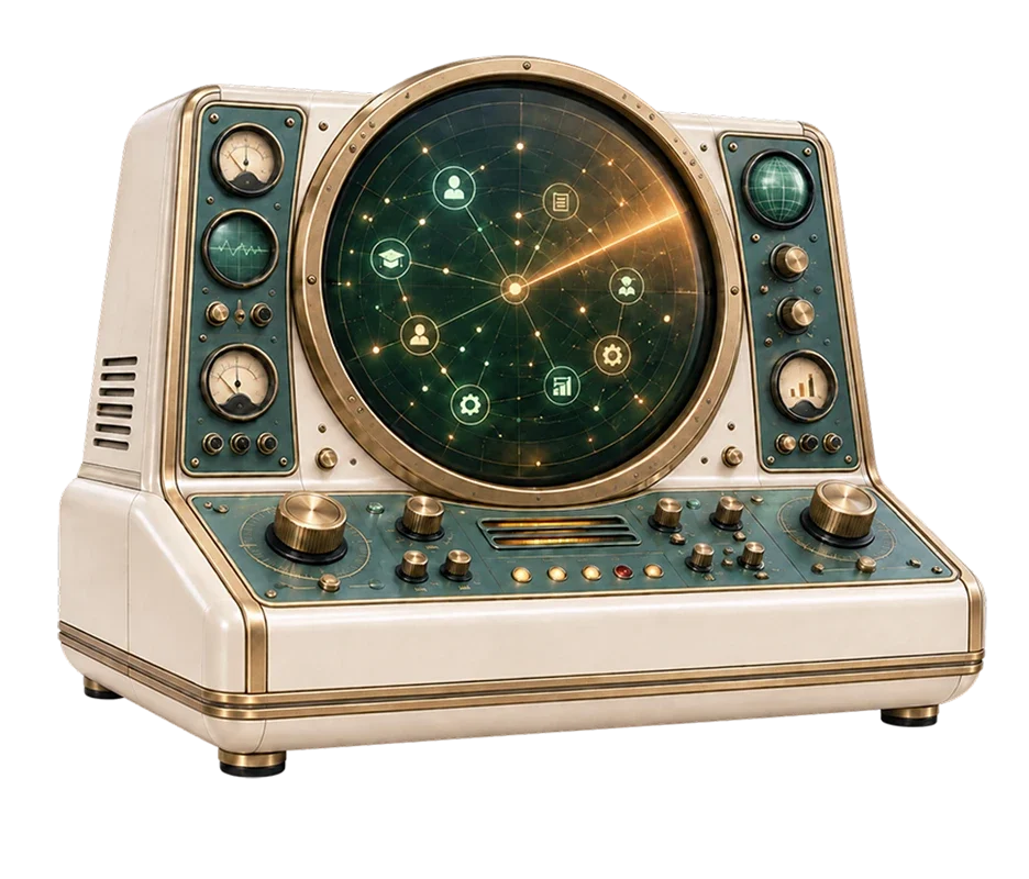 Vintage-style control panel with brass trim, teal dials, and central circular screen displaying a network diagram with icons.