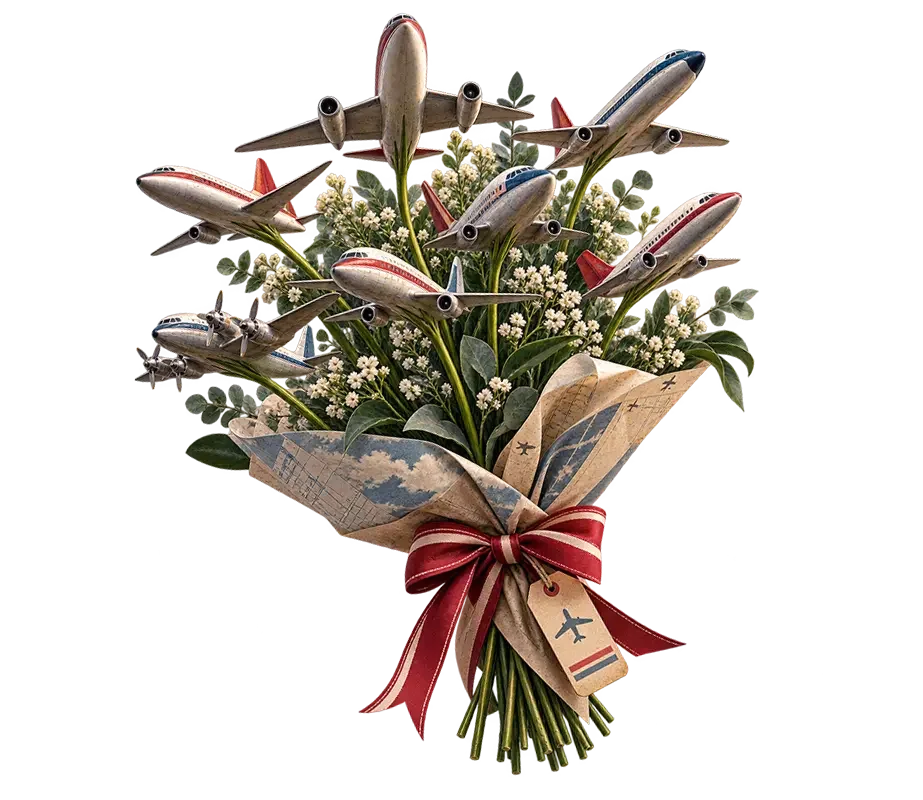 Bouquet of miniature airplanes arranged with flowers, greenery, and white blooms, wrapped in paper with a red ribbon bow.