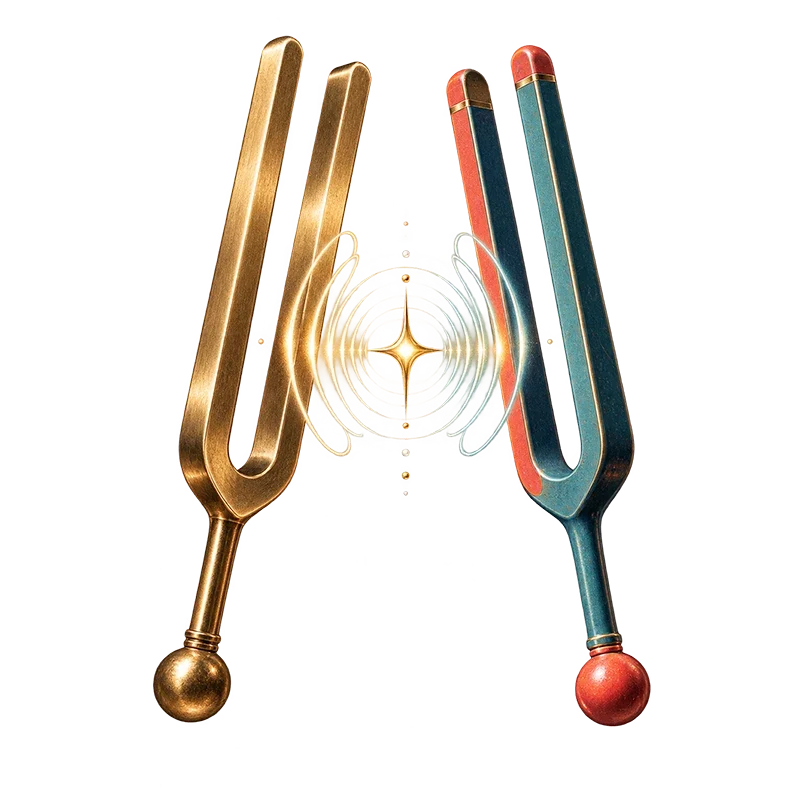 Two tuning forks, one gold and one teal with coral accents, facing each other with sound waves radiating between them.