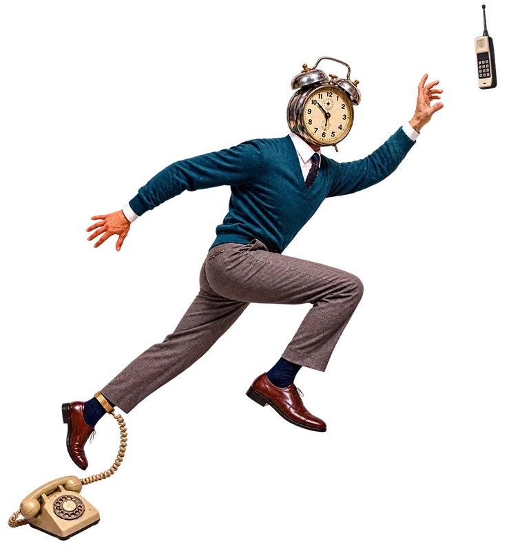 Person with alarm clock head leaping between vintage rotary phone and retro mobile phone, symbolizing time management.