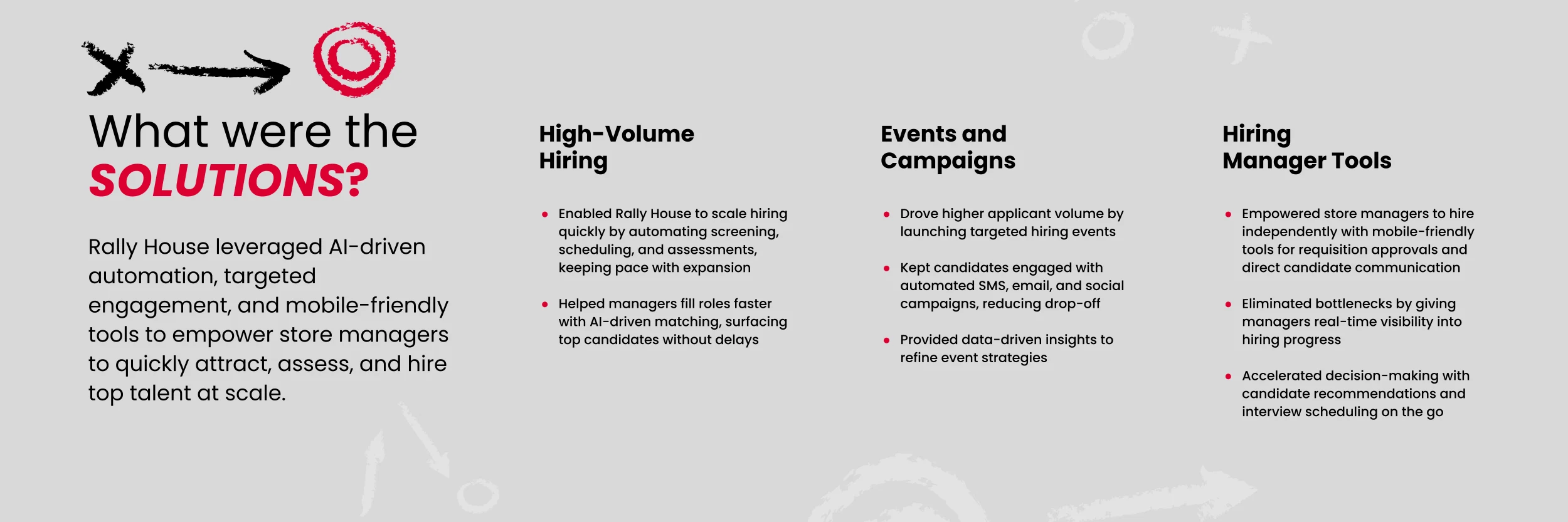 The image is highlighting how Rally House used AI-driven automation, engagement tools, and mobile-friendly solutions to streamline hiring. It covers three key areas: High-Volume Hiring (automated screening and AI matching), Events and Campaigns (targeted hiring events and engagement), and Hiring Manager Tools (mobile tools for requisition approvals and faster decision-making). The design uses bold text and visuals to emphasize key points.